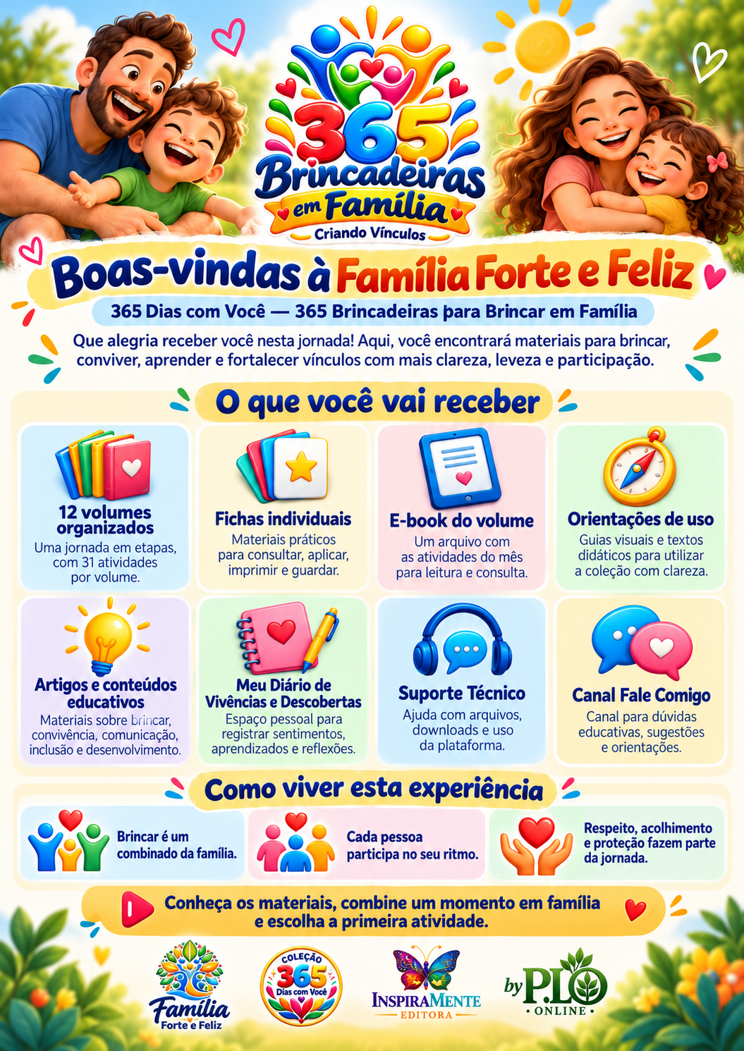 Ilustração de boas-vindas com os itens que a família vai receber, incluindo suporte técnico e canal fale comigo