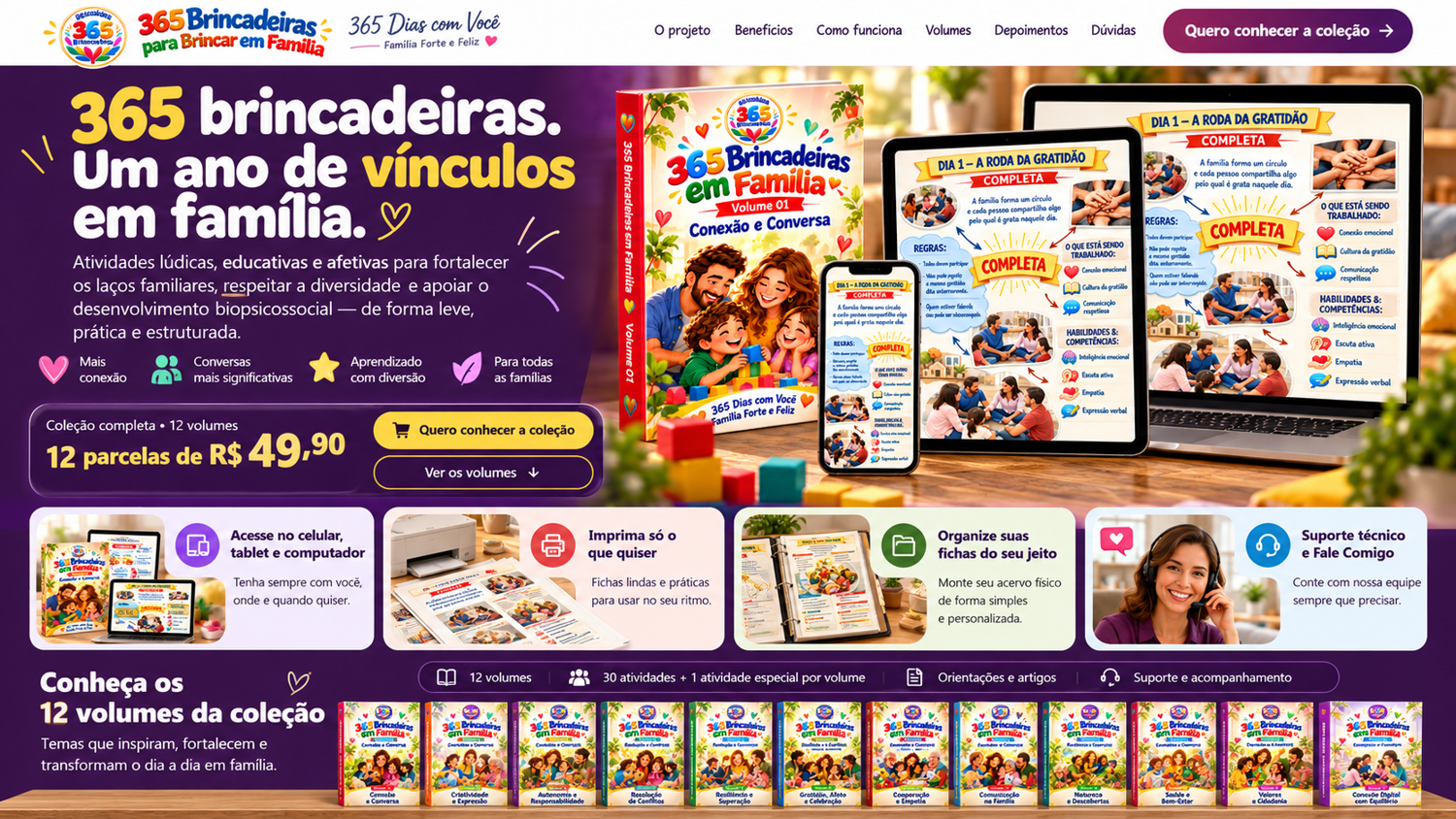 Visão geral da landing page com a coleção, benefícios, suporte e apresentação dos 12 volumes